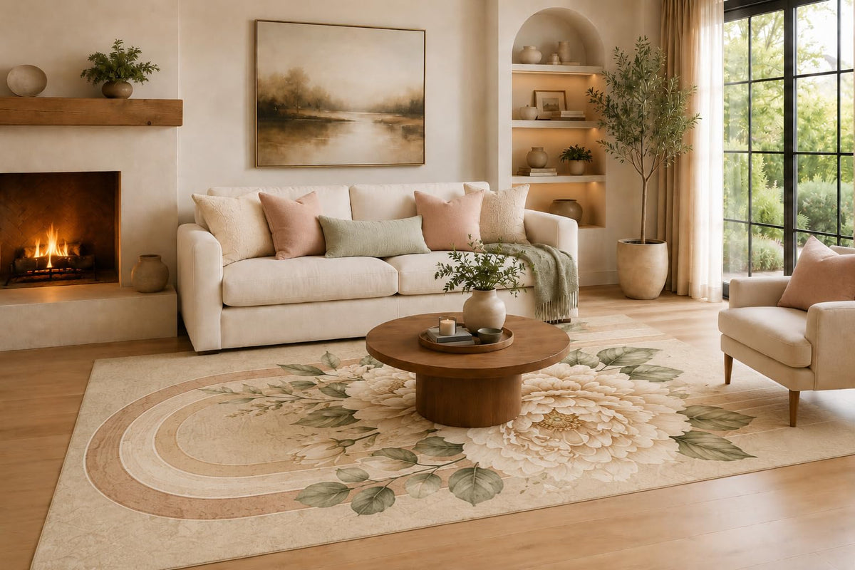 ICE ARMOR Large 6'7" x 9'10" Blush Pink and Sage Green Floral Arch Harmony Area Rug for Living Room, Soft Low Pile Carpet with Non-Slip Silicone Backing, Decor for Bedroom and Home Office
