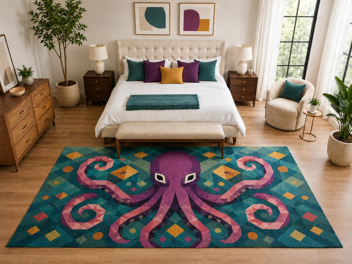 ICE ARMOR "Ultra Light Weight Large 6'7" x 9'10" Geometric Purple Octopus Rug, Soft Low Pile Indoor Rug, Non-Slip Silicone Backing for Kids Room Teal