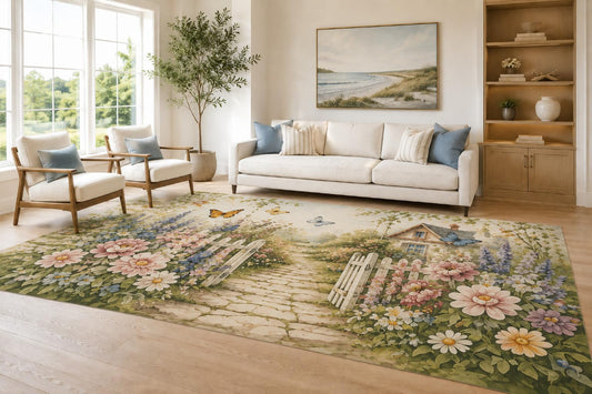 ICE ARMOR Large 6'7" x 9'10" Sage and Cream Cottage Garden Area Rug for Living Room, Soft Low Pile Carpet with Non-Slip Silicone Backing, Decor for Bedroom and Home Office