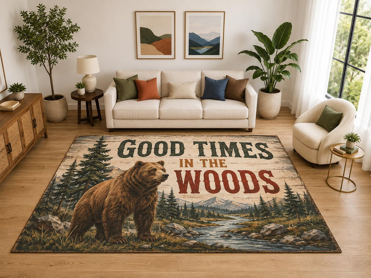 ICE ARMOR "Ultra Light Weight Large 6'7" x 9'10" Good Times Woods Bear Rug, Soft Low Pile Indoor Rug, Non-Slip Silicone Backing for Living Room Brown
