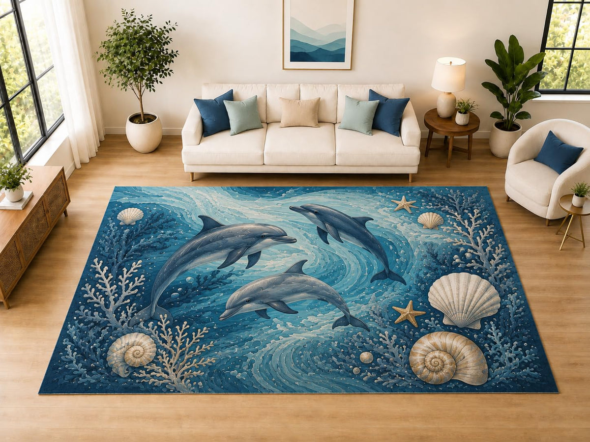 ICE ARMOR "Ultra Light Weight Large 6'7" x 9'10" Dolphin Coral Ocean, Living Room, Bedroom, Dining Room, Office, Family Room, Soft Low Pile Indoor Rug, Non-Slip Silicone Backing, Blue