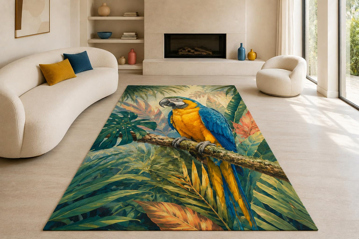 ICE ARMOR "Ultra Lightweight Large 6'7" x 9'10" Tropical Blue Macaw Area Rug for Living Room, Bedroom and Home Office, Soft Low Pile Carpet with Non-Slip Silicone Backing, Blue and Yellow