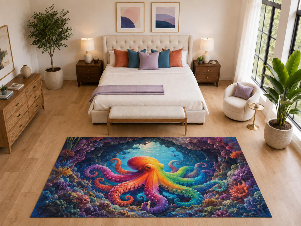ICE ARMOR "Ultra Light Weight Large 6'7" x 9'10" Rainbow Octopus Reef Rug for Kids Room, Soft Low Pile Indoor Rug and Non-Slip Silicone Backing, Blue