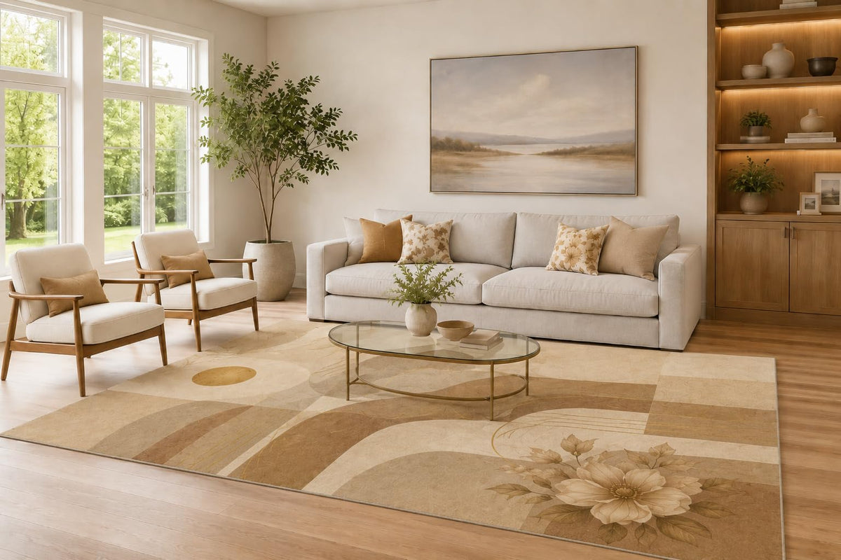 ICE ARMOR Large 6'7" x 9'10" Taupe and Cream Floral Arches Area Rug for Living Room, Soft Low Pile Carpet with Non-Slip Silicone Backing, Decor for Bedroom and Home Office