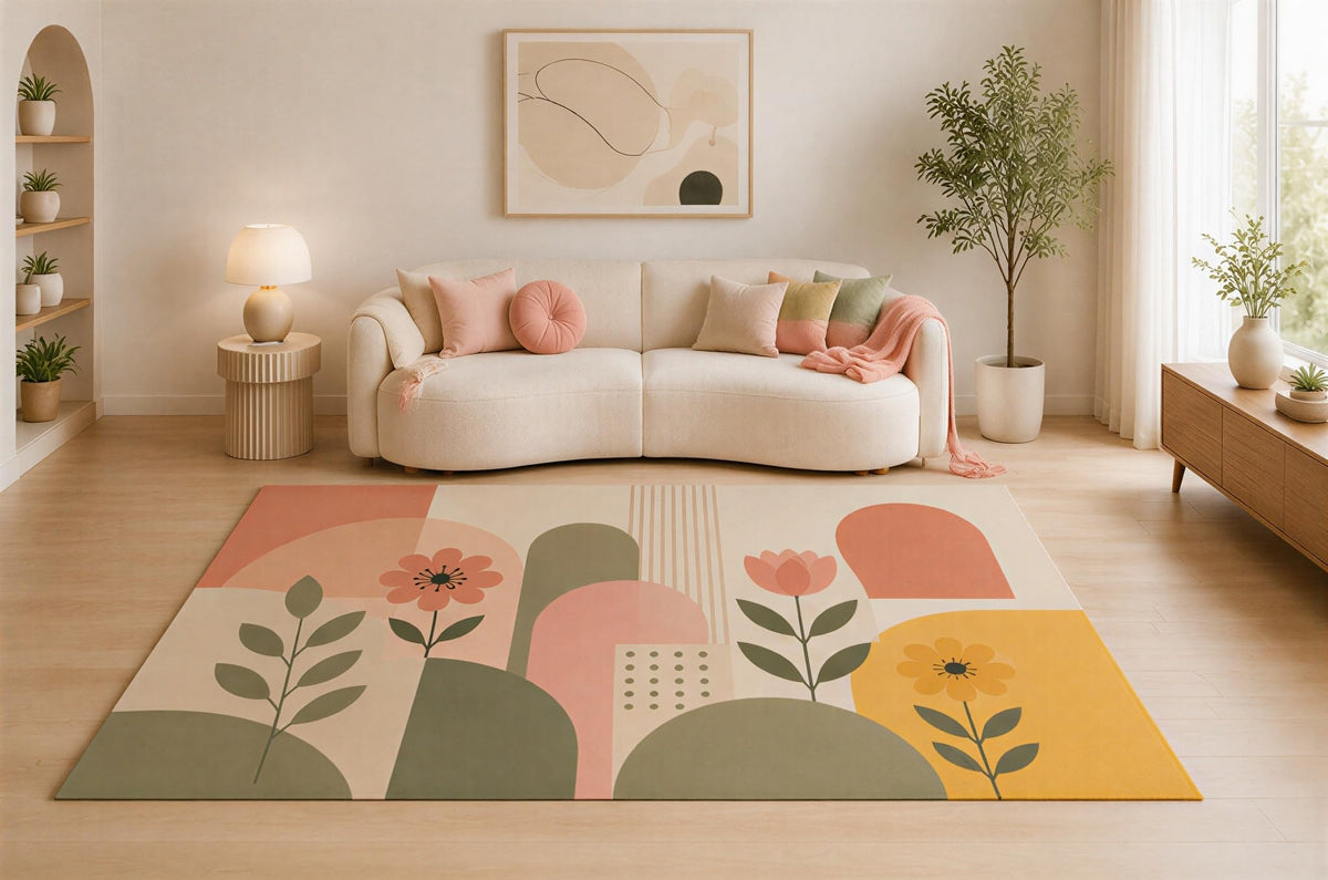 ICE ARMOR 5' x 7' Mid Century Floral Area Rug, Pastel Botanical Arch Landscape Design for Living Room Bedroom Nursery, Non-Slip Silicone Backing, Low Pile Carpet
