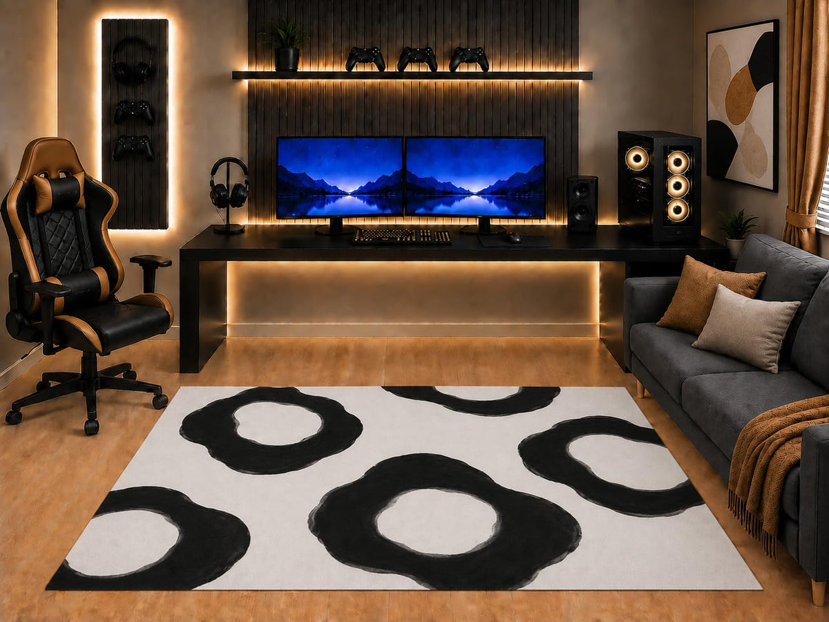 ICE ARMOR "Ultra Light Weight 5' x 7' Black White Circle Area Rug Modern Abstract Ring Pattern Design for Bedroom Gaming Room Living Room Non-Slip Silicone Backing Low Pile