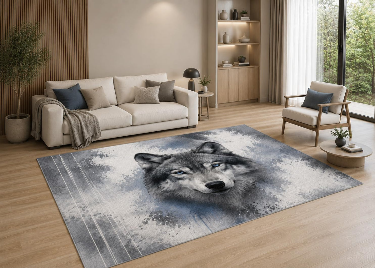 ICE ARMOR 5' x 7' Gray Wolf Portrait Area Rug with Non-Slip Silicone Backing Low Pile Soft Carpet for Living Room Bedroom Office Wildlife Animal Decor