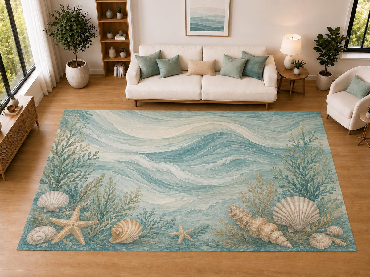 ICE ARMOR "Ultra Light Weight Large 6'7" x 9'10" Coastal Aqua Waves, Living Room, Bedroom, Dining Room, Office, Family Room, Soft Low Pile Indoor Rug, Non-Slip Silicone Backing, Aqua