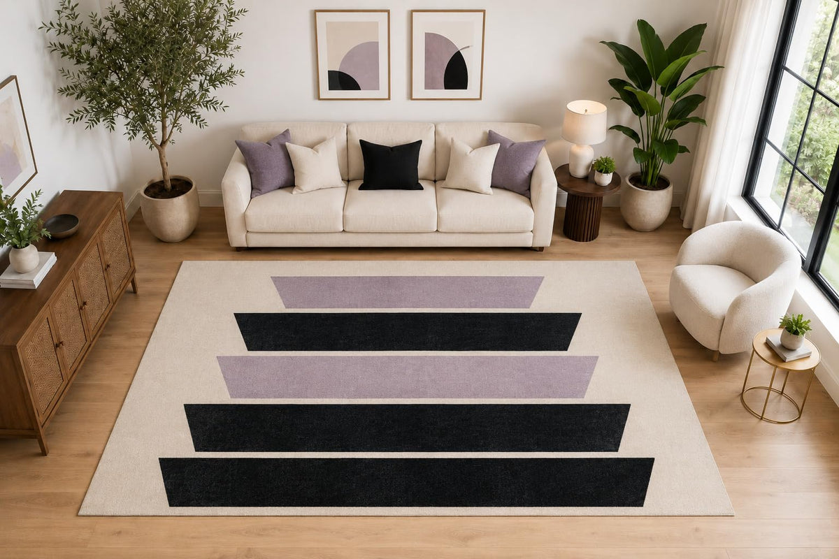 ICE ARMOR Large 6'7" x 9'10" Modern Stacked Stripe Area Rug for for Bedroom, Living Room, Soft Low Pile Indoor Rug with Non-Slip Silicone Backing, Ivory Lavender Black