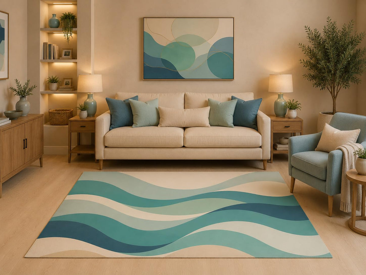 ICE ARMOR 5' x 7' Coastal Abstract Wave Area Rug Modern Scandinavian Ocean Inspired Blue Aqua Wavy Design for Living Room Bedroom Office Nursery Non-Slip Silicone Backing Low Pile