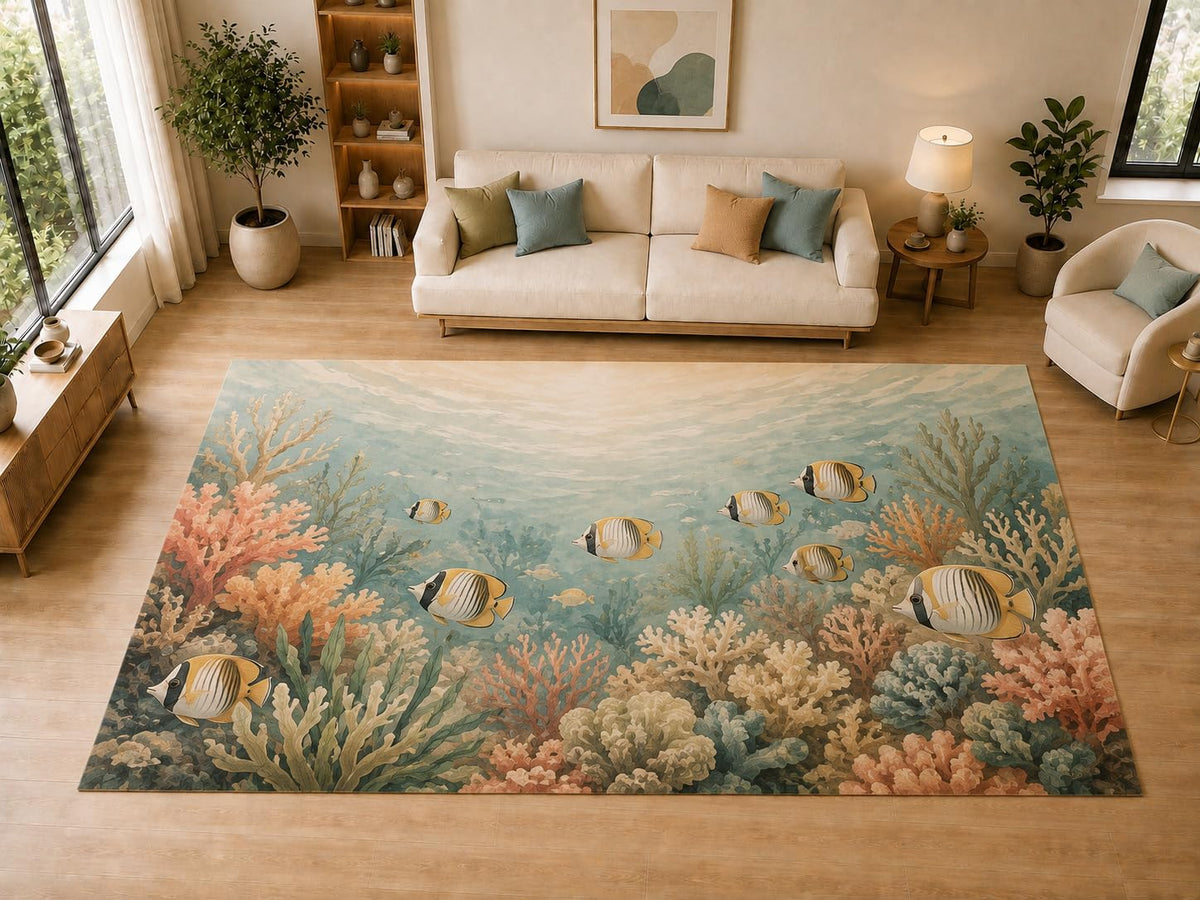 ICE ARMOR "Ultra Light Weight Large 6'7" x 9'10" Tropical Fish Coral Reef Decor, Living Room, Bedroom, Dining Room, Office, Family Room, Soft Low Pile Indoor Rug, Non-Slip Silicone Backing, Aqua