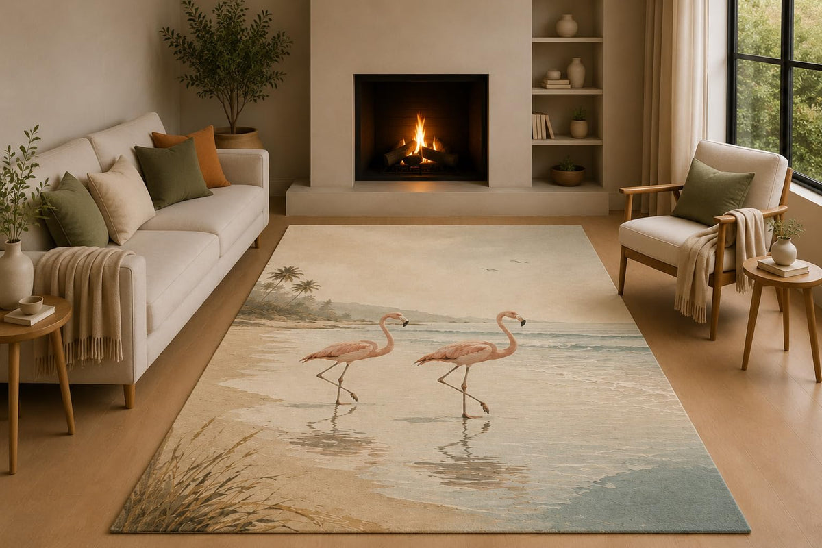 ICE ARMOR 5' x 7' Coastal Flamingo Beach Area Rug with Non-Slip Silicone Backing Low Pile Soft Carpet for Living Room Bedroom Tropical Seaside Decor
