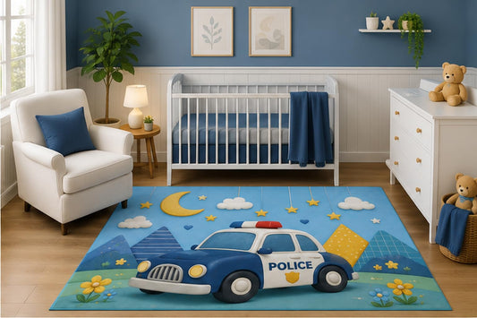 ICE ARMOR 5' x 7' Watercolor Cute Police Cruiser Nursery Area Rug, Cartoon Patrol Car Kids Bedroom Playroom Decor Carpet, Non-Slip Silicone Backing Low Pile