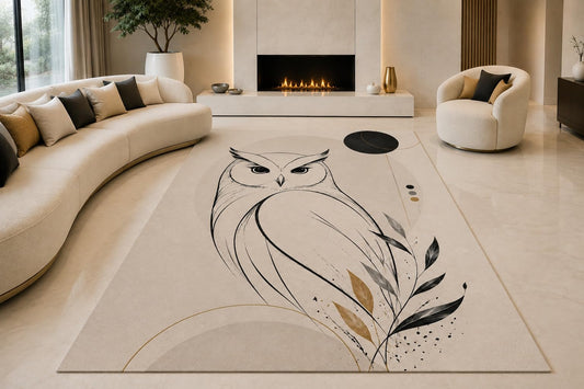 ICE ARMOR "Ultra Lightweight Large 6'7" x 9'10" Watchful Owl Leaves Area Rug for Living Room, Bedroom and Home Office, Soft Low Pile Carpet with Non-Slip Silicone Backing, Cream and Black