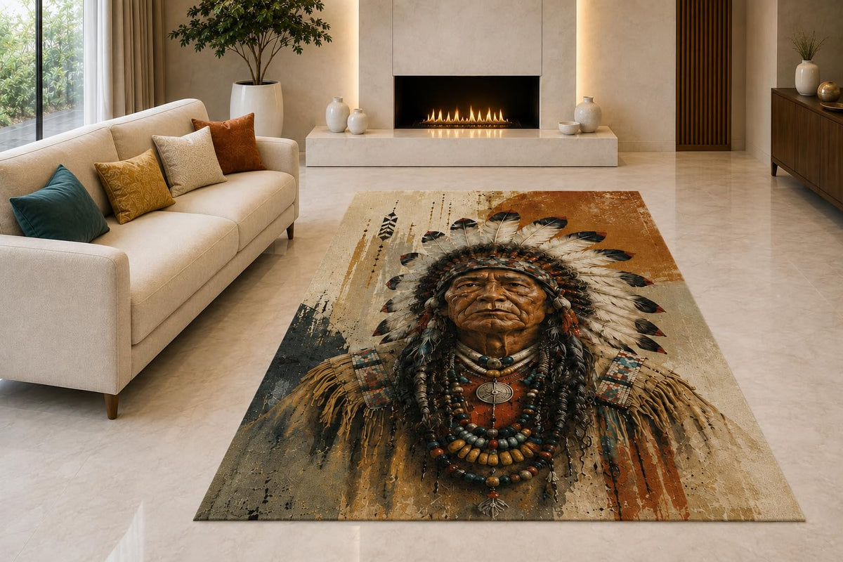 ICE ARMOR "Ultra Light Weight 5' x 7' Native American Chief Area Rug for Living Room, Bedroom and Home Office, Soft Low Pile Carpet with Non-Slip Silicone Backing, Brown and Beige