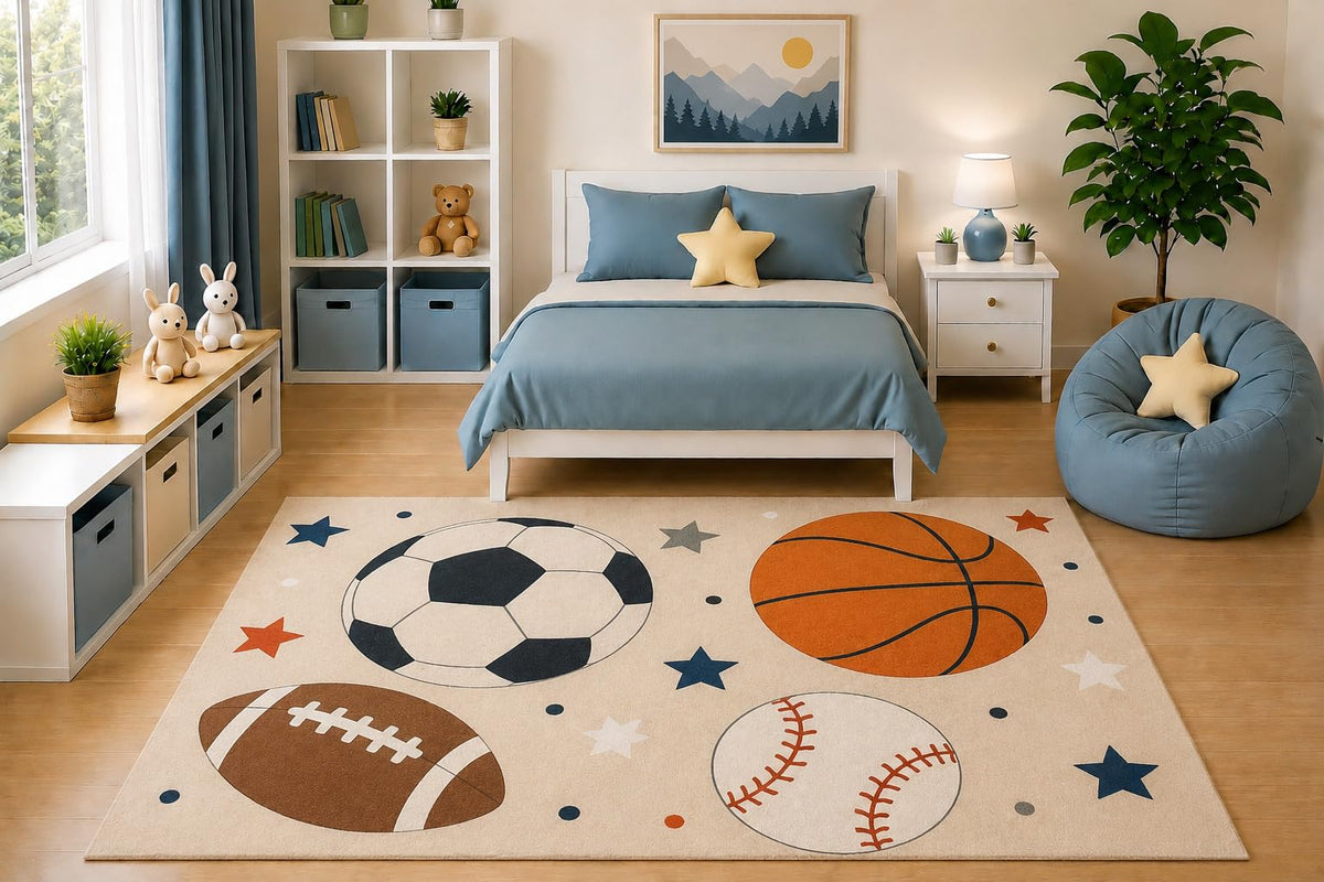 ICE ARMOR 5' x 7' Kids Area Rug Sports Balls Pattern Rug Soccer Basketball Baseball Football Bedroom Playroom Nursery Decor for Boys Non-Slip Silicone Backing Low Pile