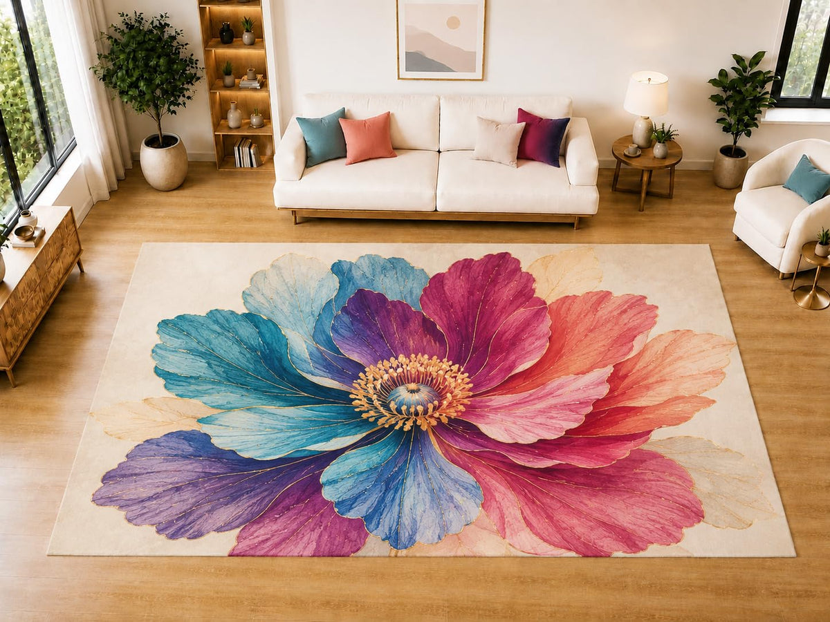 ICE ARMOR "Ultra Light Weight Large 6'7" x 9'10" Poppy Bloom Area Rug for Living Room Bedroom Dining Room, Soft Low Pile Non-Slip Backing, Pink Teal Purple Coral Floral Decor