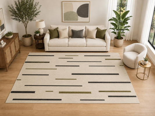 ICE ARMOR Large 6'7" x 9'10" Minimal Broken Stripe Area Rug for for Bedroom, Living Room, Soft Low Pile Indoor Rug with Non-Slip Silicone Backing, Ivory Olive Charcoal