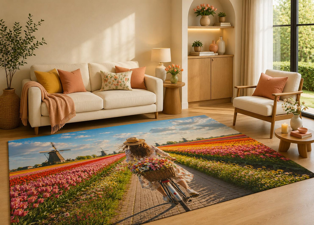 ICE ARMOR 5' x 7' Tulip Field Area Rug with Non-Slip Silicone Backing Low Pile Soft Carpet for Living Room Bedroom Bicycle Floral Spring Garden Decor