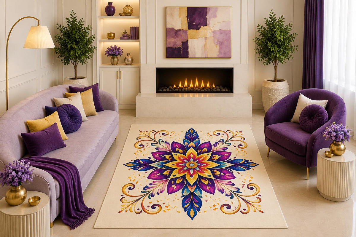 ICE ARMOR "Ultra Light Weight 5' x 7' Purple Gold Boho Floral Mandala Area Rug Elegant Botanical Medallion Living Room Bedroom Decor Non-Slip Silicone Backing Low Pile