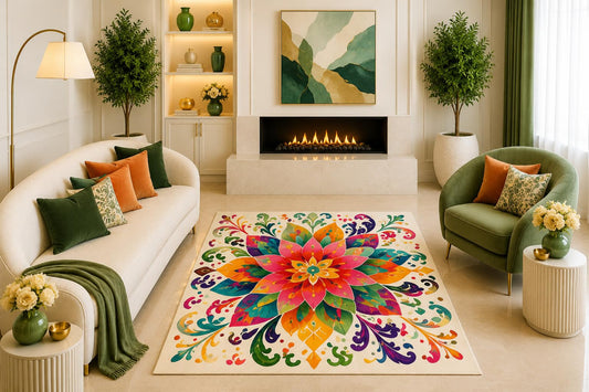 ICE ARMOR "Ultra Light Weight 5' x 7' Vibrant Boho Lotus Floral Mandala Area Rug Colorful Green Orange Living Room Bedroom Decor Non-Slip Silicone Backing Low Pile