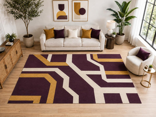 ICE ARMOR Large 6'7" x 9'10" Bold Angular Path Area Rug for for Bedroom, Living Room, Soft Low Pile Indoor Rug with Non-Slip Silicone Backing, Plum Ivory Mustard