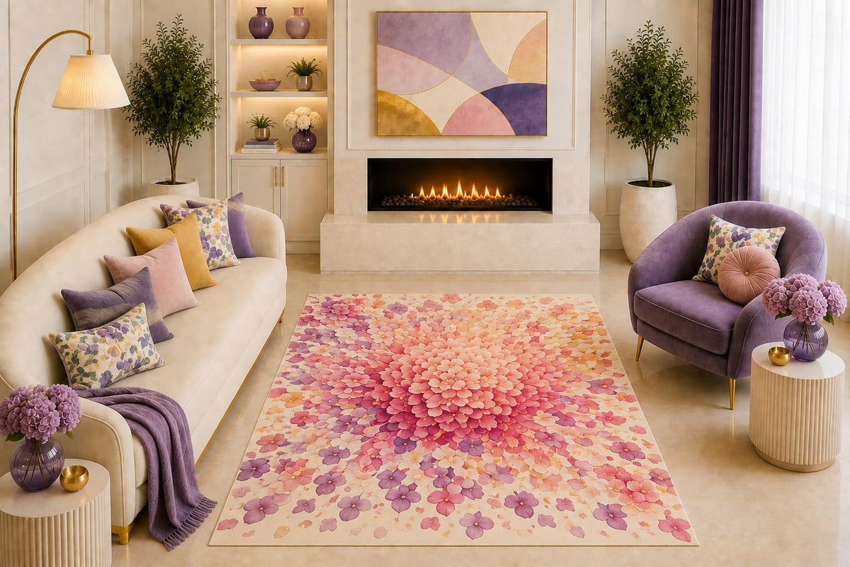 ICE ARMOR "Ultra Light Weight 5' x 7' Pink Hydrangea Floral Area Rug Romantic Botanical Art Purple Peach for Living Room Bedroom Nursery Non-Slip Silicone Backing Low Pile