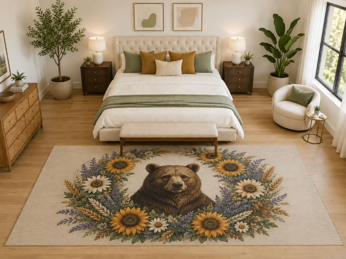 ICE ARMOR "Ultra Light Weight Large 6'7" x 9'10" Bear Sunflower Wreath Area Rug, Soft Low Pile Indoor Rug, Non-Slip Silicone Backing, Bedroom, Beige