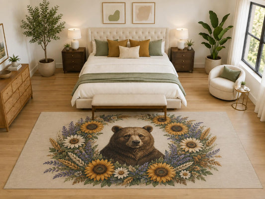 ICE ARMOR "Ultra Light Weight Large 6'7" x 9'10" Bear Sunflower Wreath Area Rug, Soft Low Pile Indoor Rug, Non-Slip Silicone Backing, Bedroom, Beige