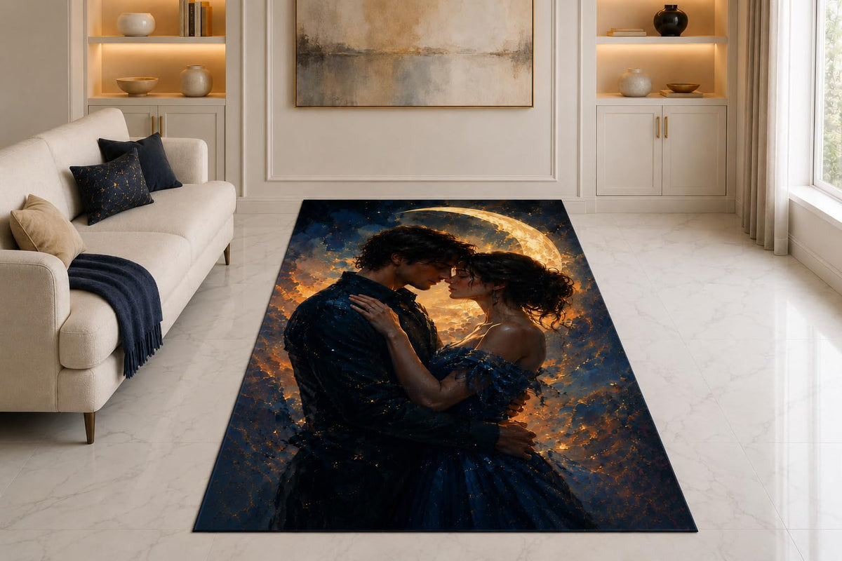 ICE ARMOR "Ultra Thin 5' x 7" Moonlit Embrace Area Rug for Living Room, Bedroom and Home Office, Soft Low Pile Carpet with Non-Slip Silicone Backing, Blue and Golden Color