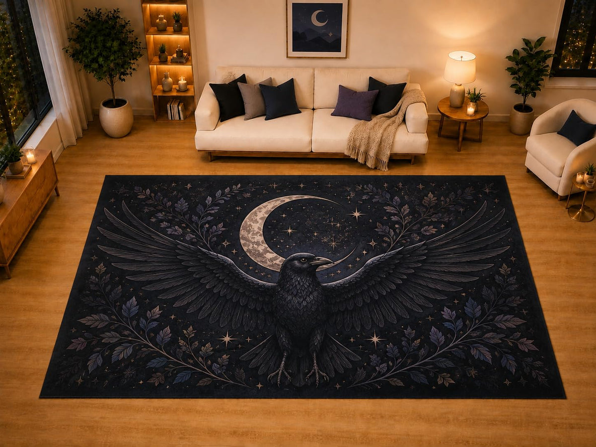 ICE ARMOR "Ultra Light Weight Large 6'7" x 9'10" Raven Spread Wings Crescent Moon Area Rug for Living Room Bedroom, Soft Low Pile Non-Slip Backing, Black Purple Gothic Celestial Decor