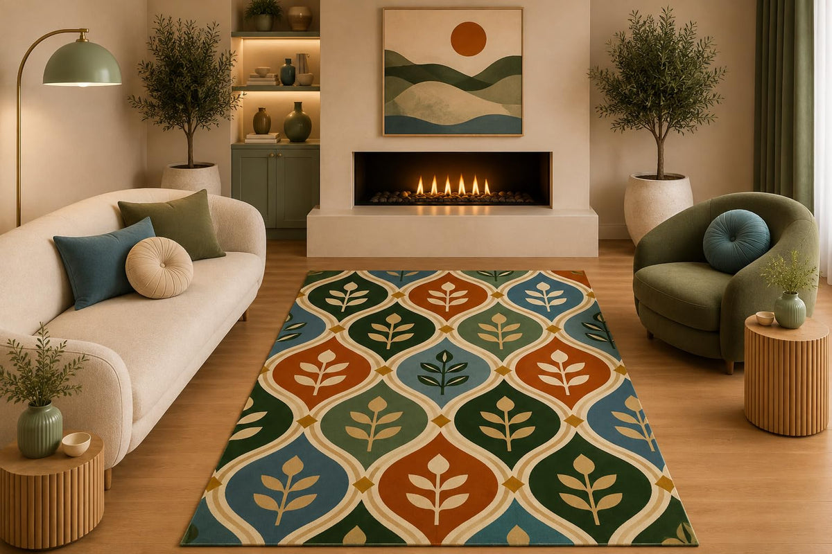 ICE ARMOR 5' x 7' Boho Botanical Area Rug Mid Century Leaf Trellis Pattern Green Blue Terracotta Cream for Living Room Bedroom Dining Room Non-Slip Silicone Backing Low Pile