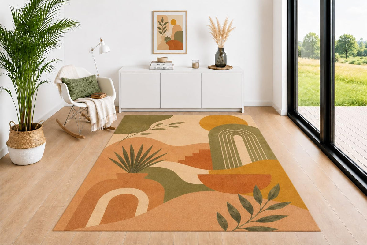 ICE ARMOR 5' x 7' Southwestern Area Rug, Desert Arch Vase Palm Leaf Design in Mustard Sage Green Terracotta Beige, Floor Carpet for Living Room Bedroom