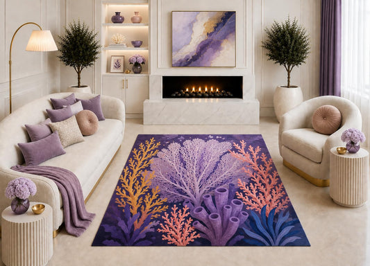 ICE ARMOR "Ultra Light Weight 5' x 7' Purple Coral Reef Area Rug, Colorful Coastal Ocean Botanical Art for Living Room Bedroom Beach House, Non-Slip Silicone Backing Low Pile