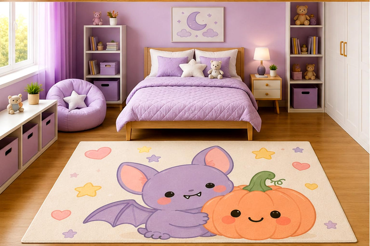 ICE ARMOR 5' x 7' Cute Baby Bat Hugging Smiling Pumpkin Area Rug for Kids Bedroom Nursery Playroom Scandinavian Minimalist Kawaii Halloween Decor Non-Slip Silicone Backing Low Pile