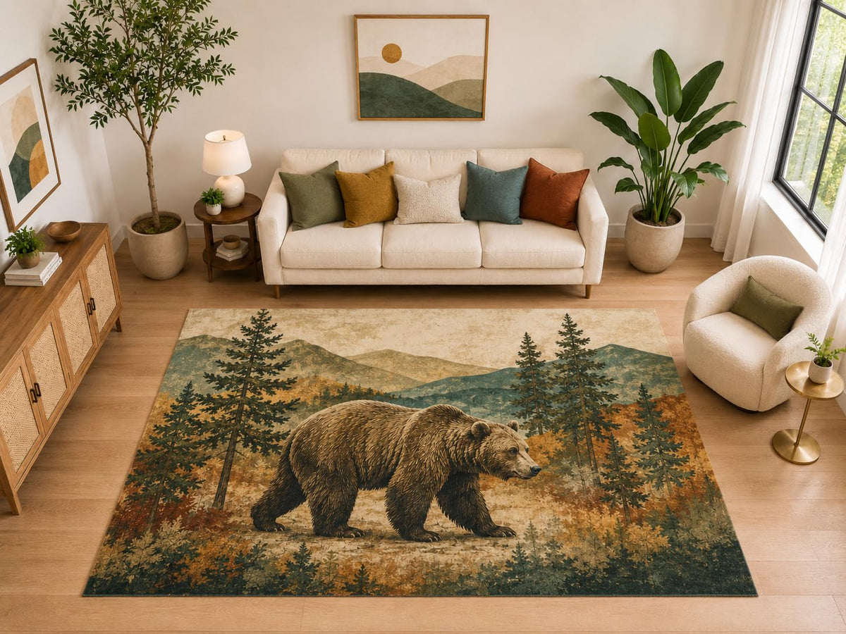 ICE ARMOR "Ultra Light Weight Large 6'7" x 9'10" Bear Mountain Rug for Family Room, Soft Low Pile Indoor Rug and Non-Slip Silicone Backing, Brown