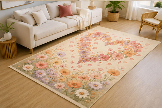 ICE ARMOR 5' x 7' Floral Love Monogram Area Rug for Living Room, Soft Low Pile Indoor Rug with Non-Slip Silicone Backing, Decorative Carpet for Bedroom, Office, Family Room, Cream Pastel