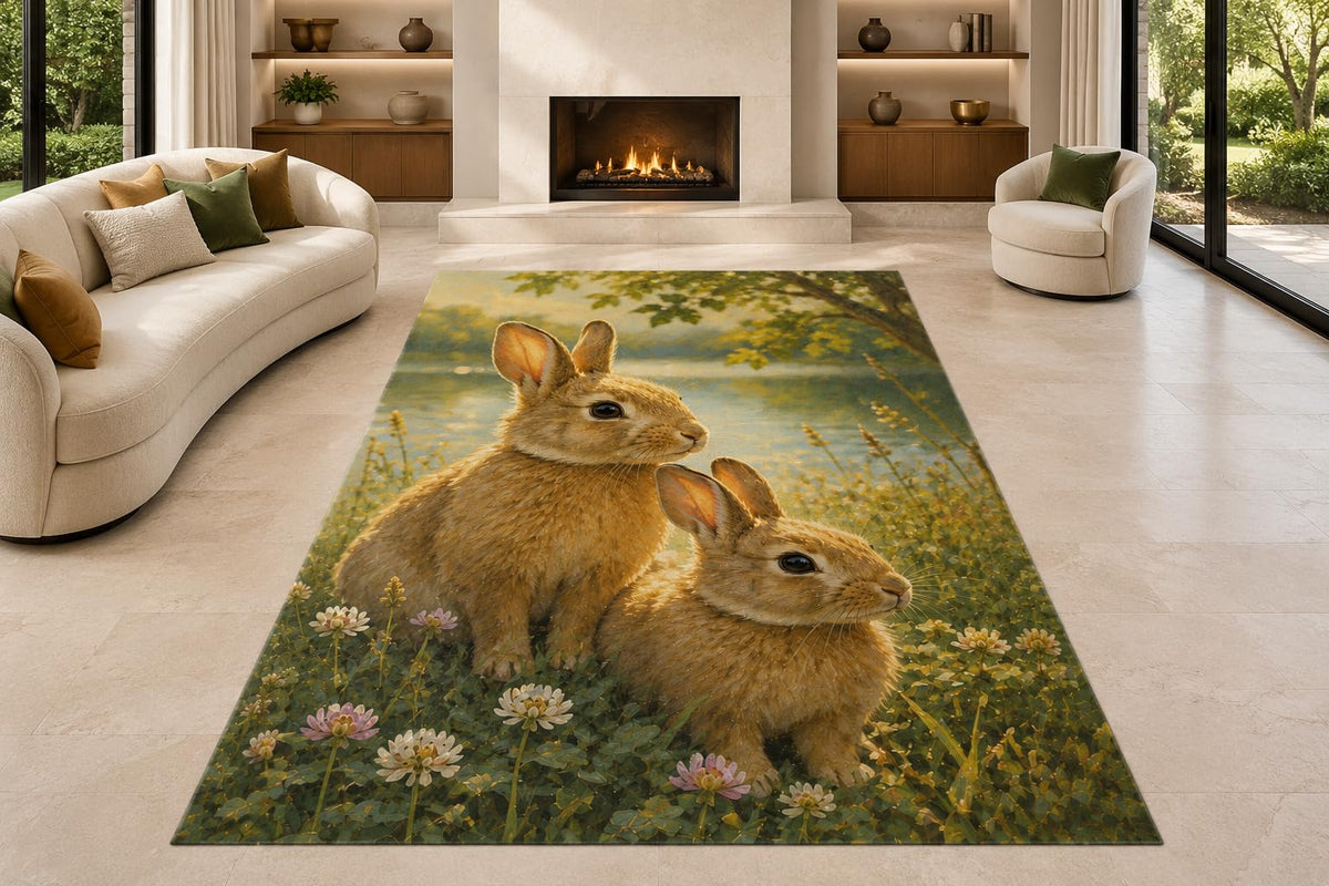 ICE ARMOR "Ultra Lightweight Large 6'7" x 9'10" Meadow Rabbit Pair Area Rug for Living Room, Bedroom and Home Office, Soft Low Pile Carpet with Non-Slip Silicone Backing, Brown and Green