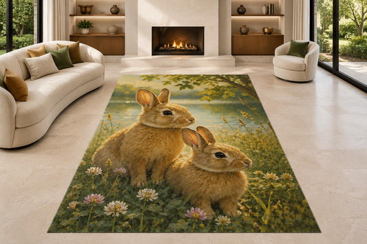 ICE ARMOR "Ultra Lightweight Large 6'7" x 9'10" Meadow Rabbit Pair Area Rug for Living Room, Bedroom and Home Office, Soft Low Pile Carpet with Non-Slip Silicone Backing, Brown and Green