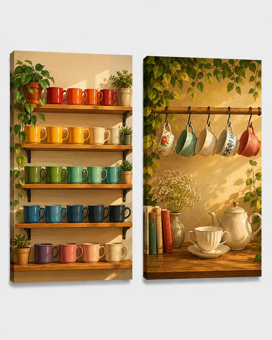 ICE ARMOR Extra-Large Set of 2 Coffee Mug Wall Art Colorful Cup Shelf Decor Tea Room Kitchen Dining Room Coffee Bar Artwork 24x36 Inch Canvas Print - Ready to hang
