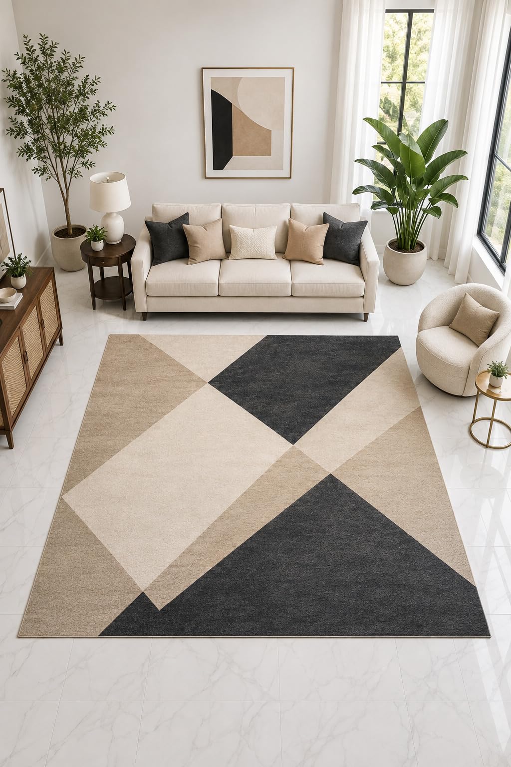 ICE ARMOR "Ultra Light Weight Large 6'7" x 9'10" Geometric Diamond Rug, Soft Low Pile Indoor Rug, Non-Slip Silicone Backing Living Room Office Black