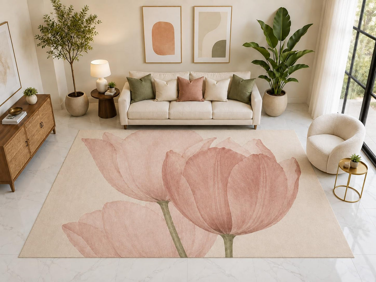 ICE ARMOR "Ultra Light Weight Large 6'7" x 9'10" Two Tulips Floral Rug, Soft Low Pile Indoor Rug, Non-Slip Silicone Backing for Living Room Pink