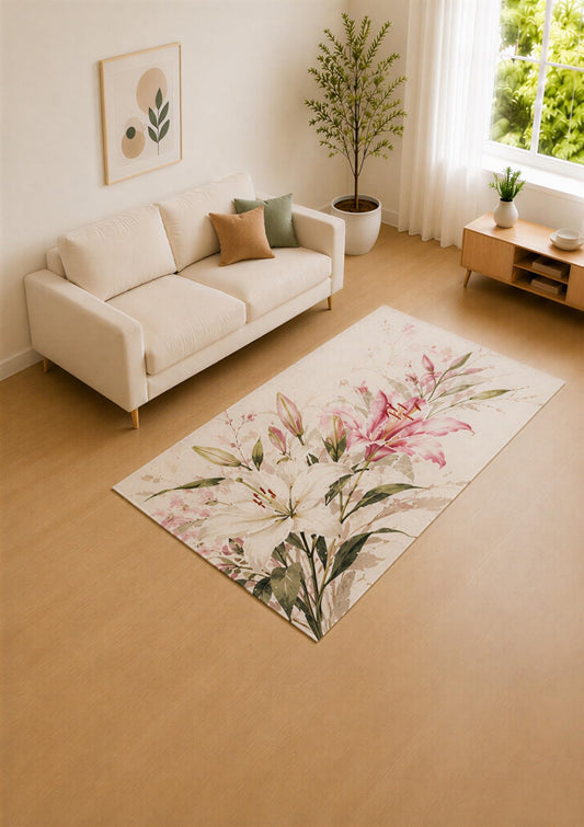 ICE ARMOR 5' x 7' Blush Pink and Cream Elegant Lily Area Rug for Living Room, Soft Low Pile Carpet with Non-Slip Silicone Backing, Decor for Bedroom and Home Office