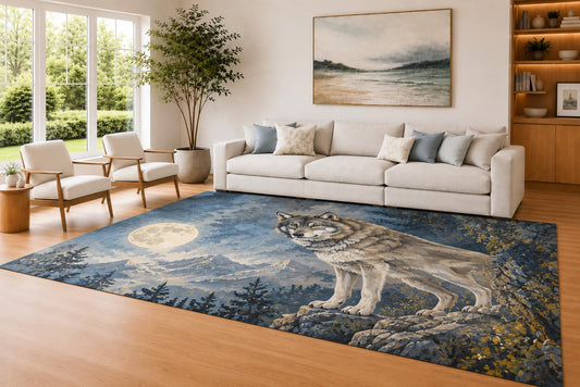 ICE ARMOR Large 6'7" x 9'10" Blue and Gray Moon Wolf Area Rug for Living Room, Soft Low Pile Carpet with Non-Slip Silicone Backing, Decor for Bedroom and Home Office
