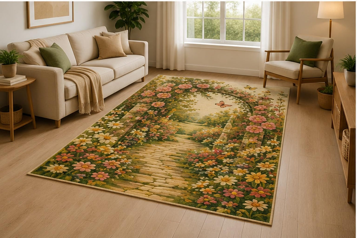 ICE ARMOR 5' x 7' Floral Earth Globe Area Rug for Living Room, Soft Low Pile Indoor Rug with Non-Slip Silicone Backing, Decorative Carpet for Bedroom, Office, Family Room, Kids & Pets,
