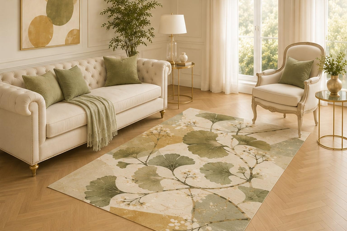 ICE ARMOR 5' x 7' Ginkgo Leaf Botanical Area Rug for Living Room, Soft Low Pile Indoor Carpet with Non-Slip Backing for Bedroom, Dining Room, Office, Sage