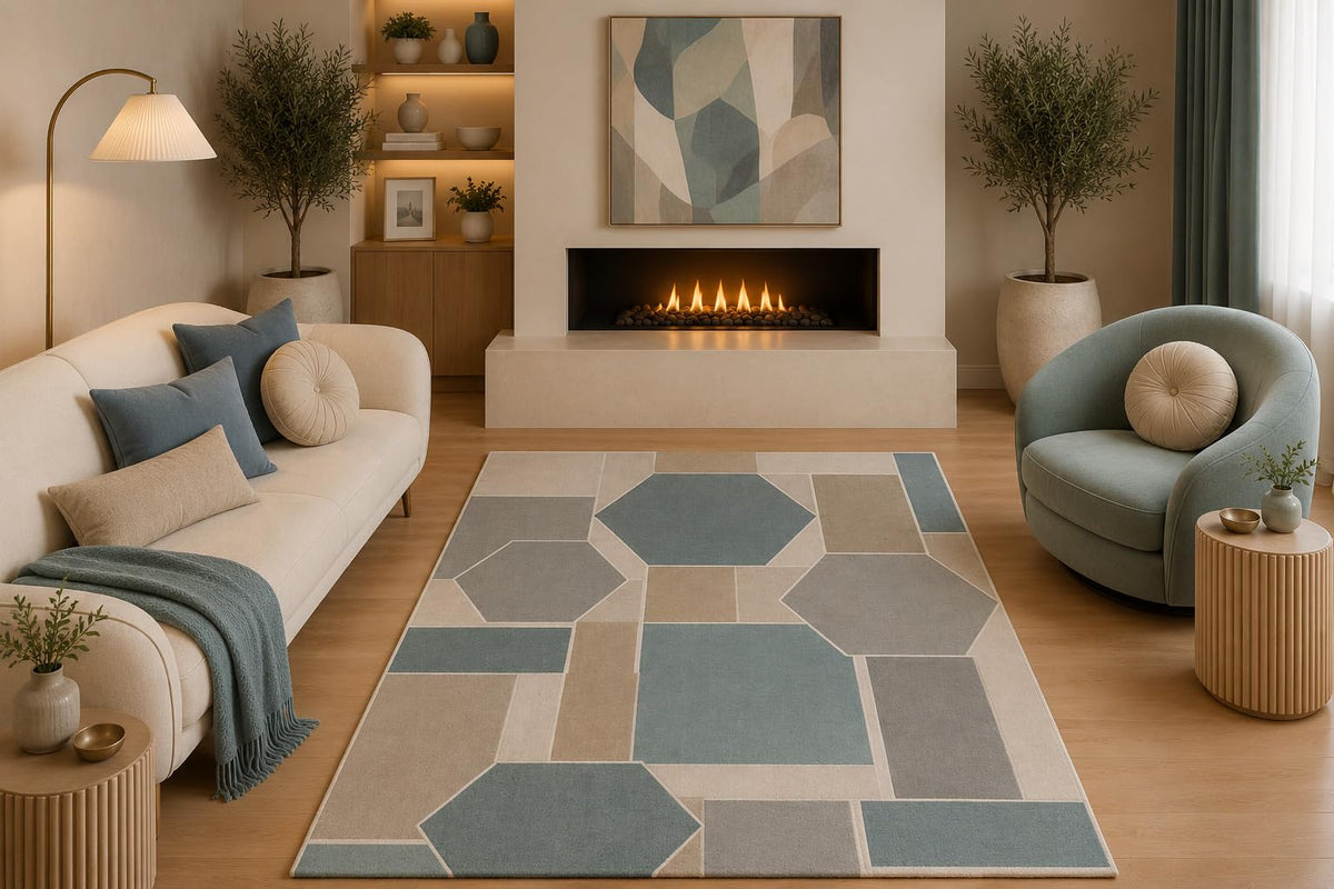 ICE ARMOR 5' x 7' Contemporary Geometric Area Rug Abstract Blue Gray Beige Polygon Mosaic Design for Living Room Bedroom Dining Room Office Non-Slip Silicone Backing Low Pile