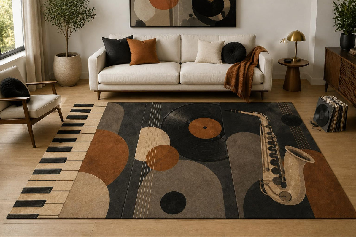 ICE ARMOR "Ultra Lightweight Large 6'7" x 9'10" Jazz Shapes Area Rug for Living Room, Bedroom and Home Office, Soft Low Pile Carpet with Non-Slip Silicone Backing, Black and Terracotta