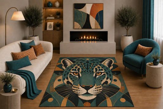 ICE ARMOR "Ultra Light Weight 5' x 7' Teal Leopard Area Rug Art Deco Geometric Big Cat Wildlife Decor for Living Room Bedroom Office Non-Slip Silicone Backing Low Pile