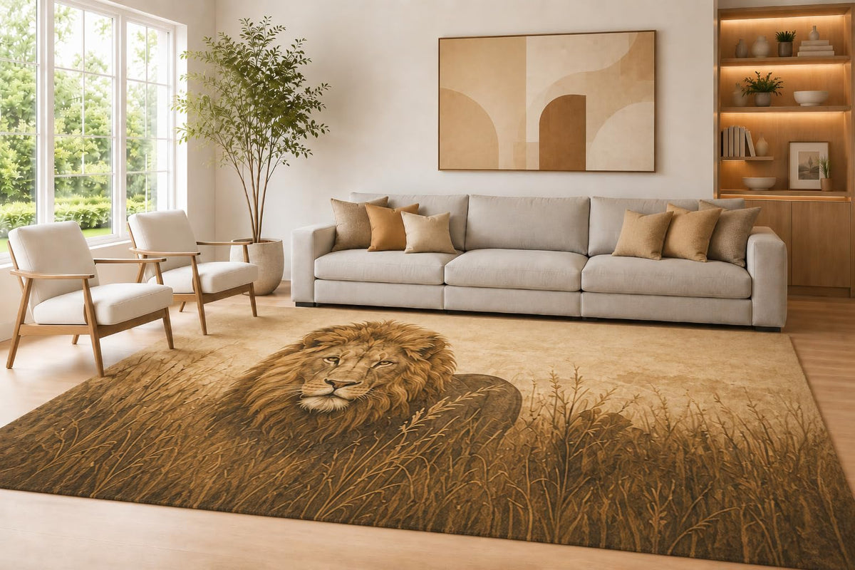 ICE ARMOR Large 6'7" x 9'10" Brown and Beige Grass Lion Area Rug for Living Room, Soft Low Pile Carpet with Non-Slip Silicone Backing, Decor for Bedroom Dining Room and Home Office